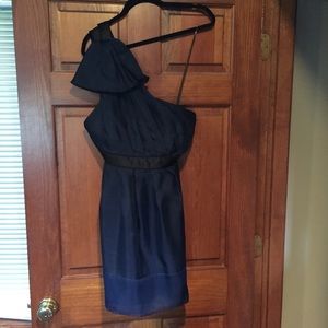 One shoulder blue dress with a bow